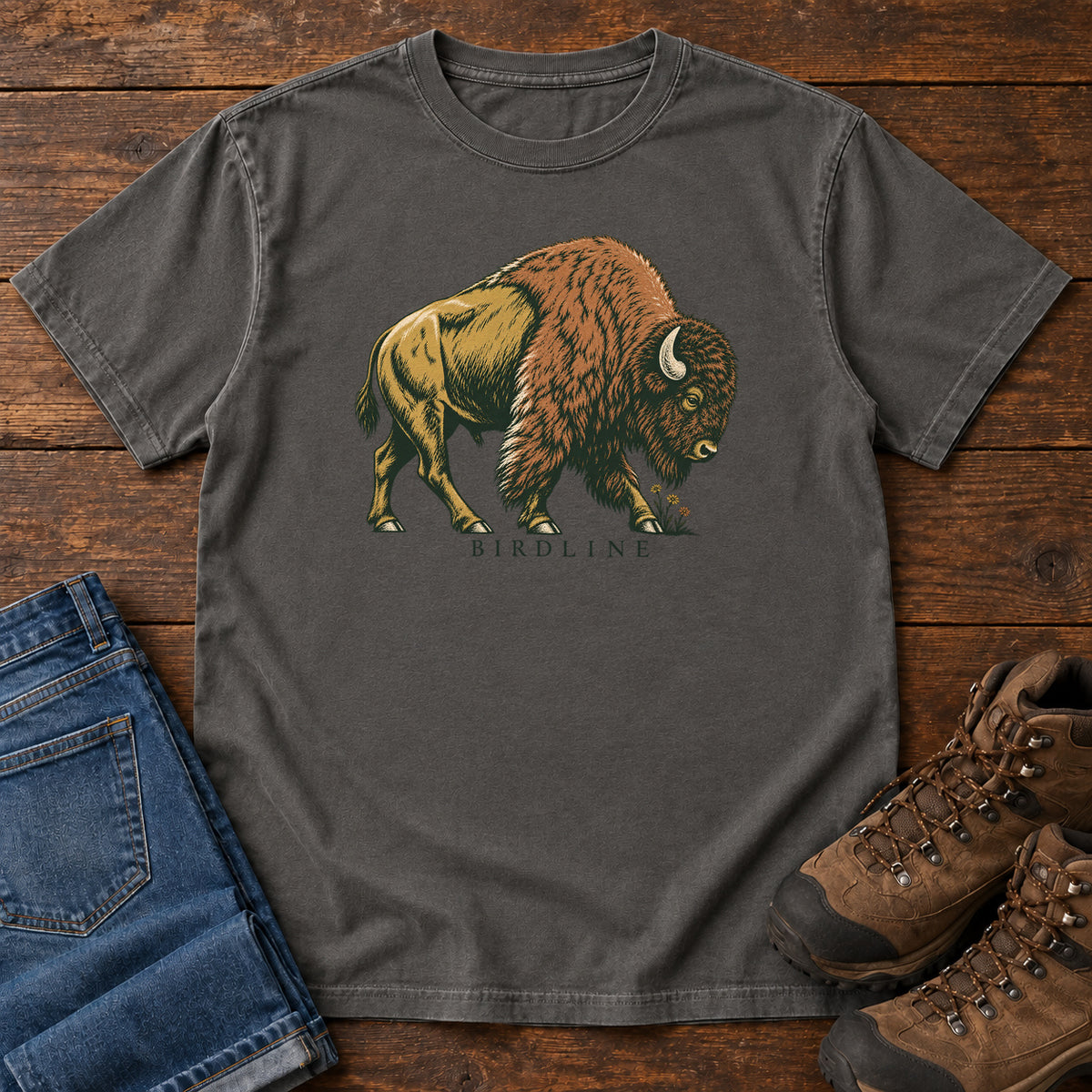 Bison Birdline T-Shirt in Pepper, front view
