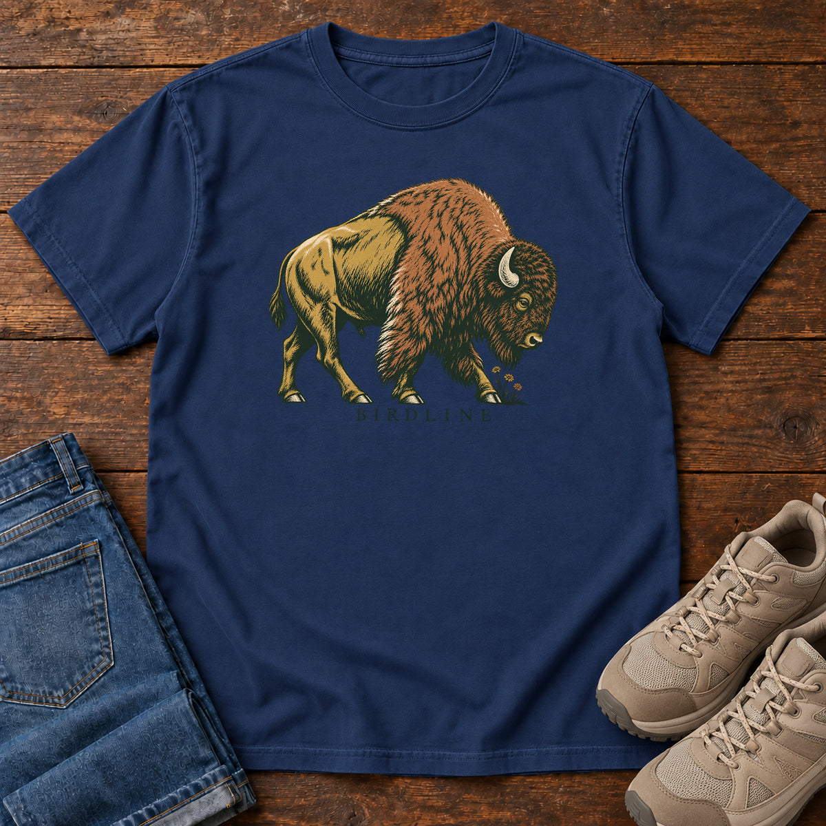 Bison Birdline T-Shirt in True Navy, front view