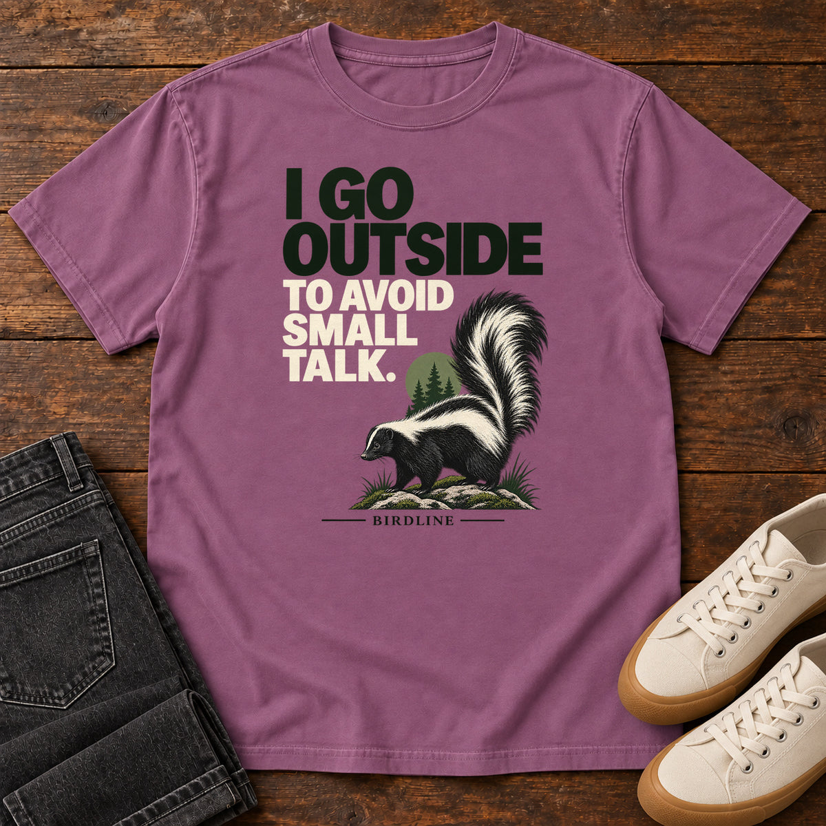 I Go Outside to Avoid Small Talk Skunk T-Shirt in Berry