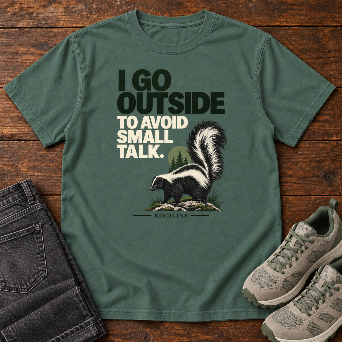 I Go Outside to Avoid Small Talk Skunk T-Shirt in Blue Spruce