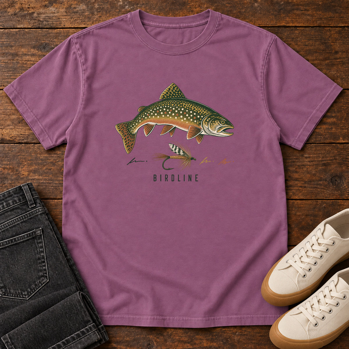 Trout and Fly T-Shirt in Berry, front view