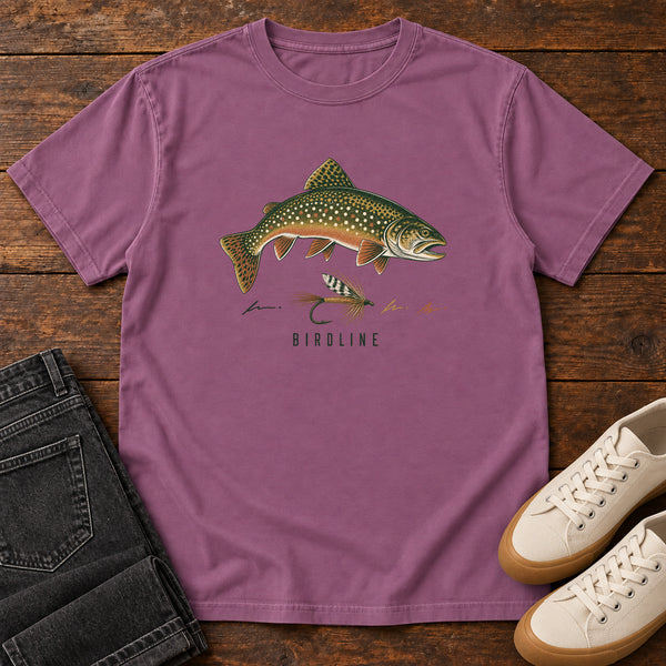 Trout and Fly T-Shirt in Berry, front view
