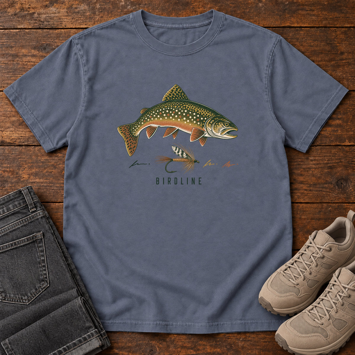 Trout and Fly T-Shirt in Denim, front view