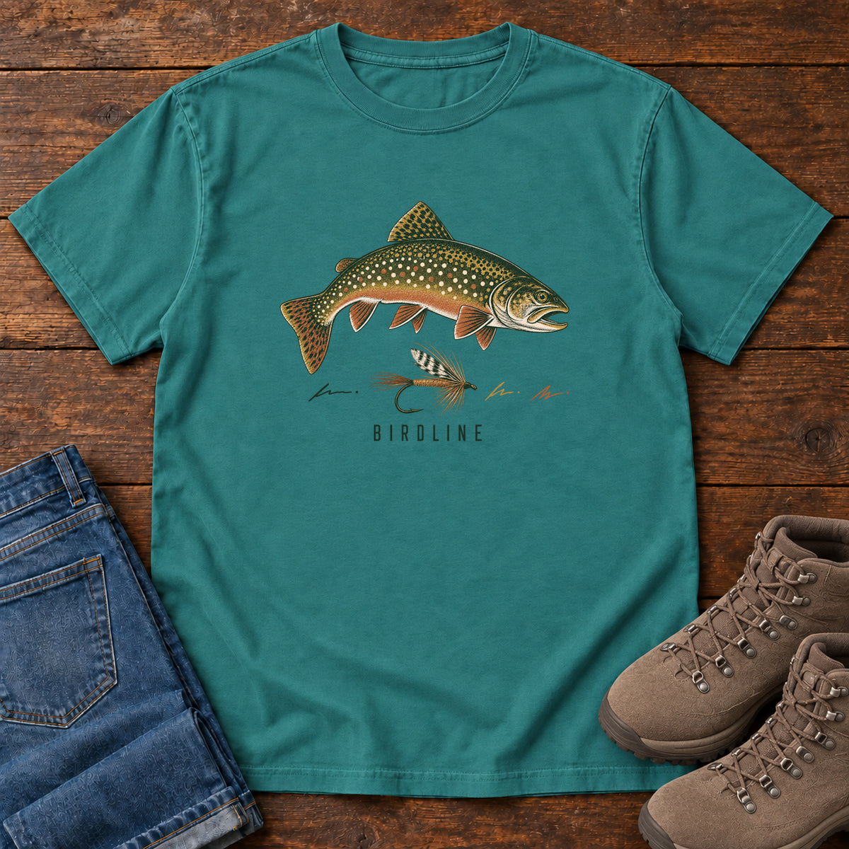 Trout and Fly T-Shirt in Emerald, front view