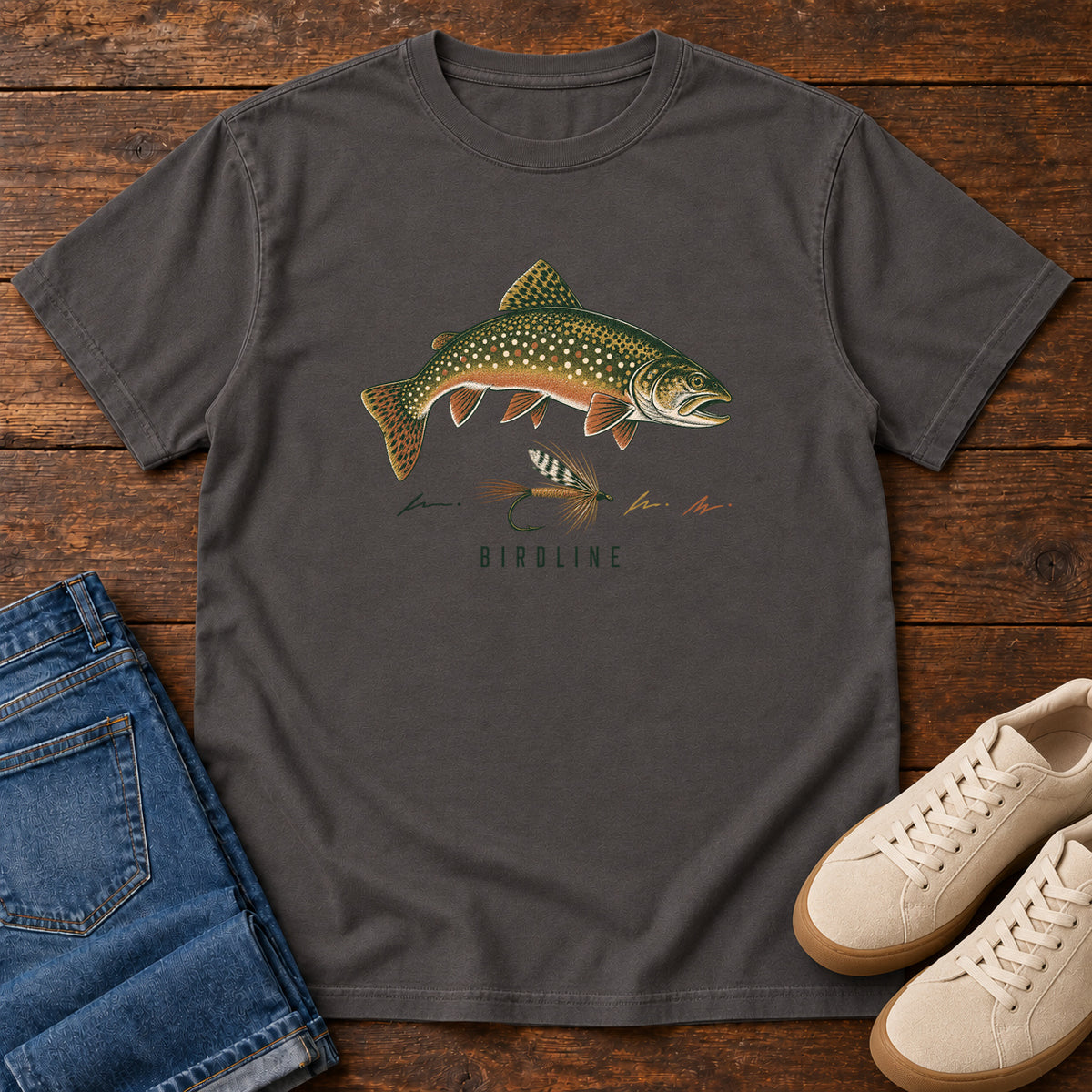 Trout and Fly T-Shirt in Graphite, front view