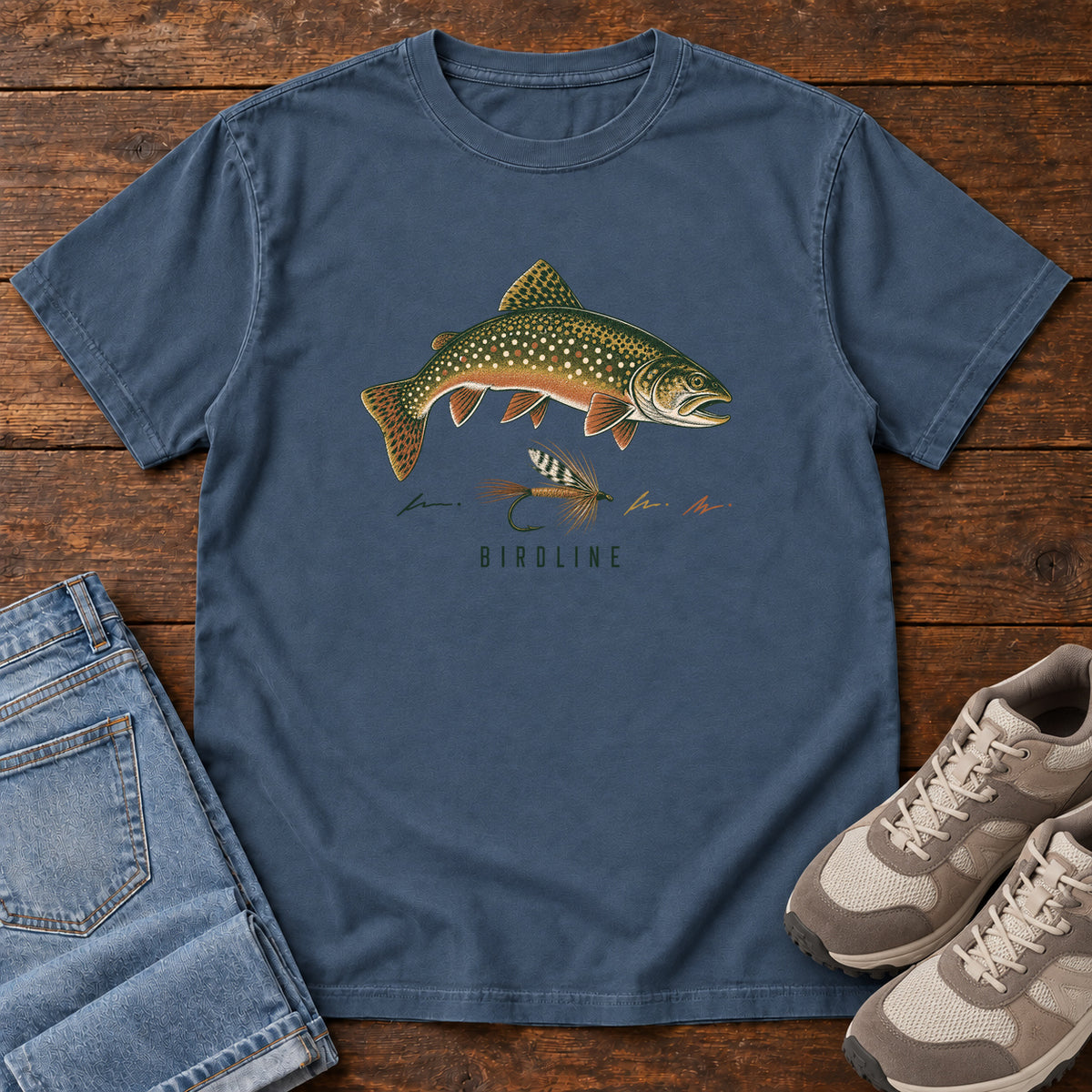 Trout and Fly T-Shirt in Midnight, front view