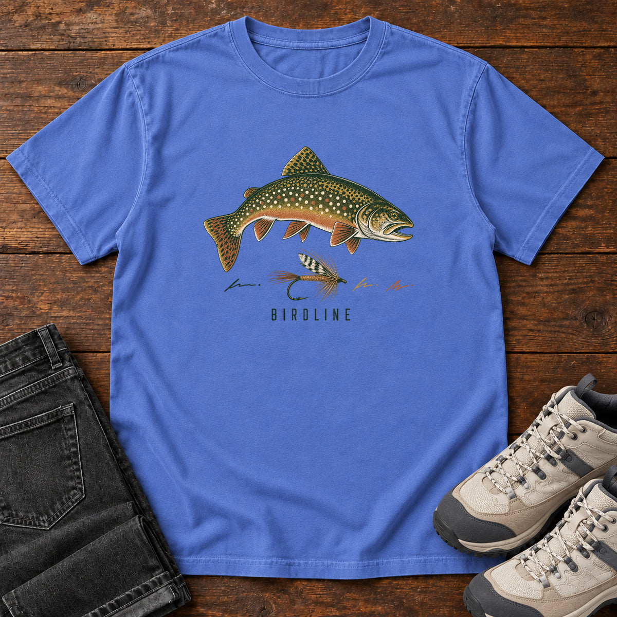 Trout and Fly T-Shirt in Mystic Blue, front view