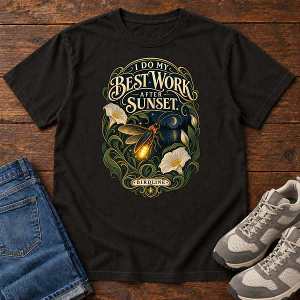 I Do My Best Work After Sunset Firefly T-Shirt, alternate view