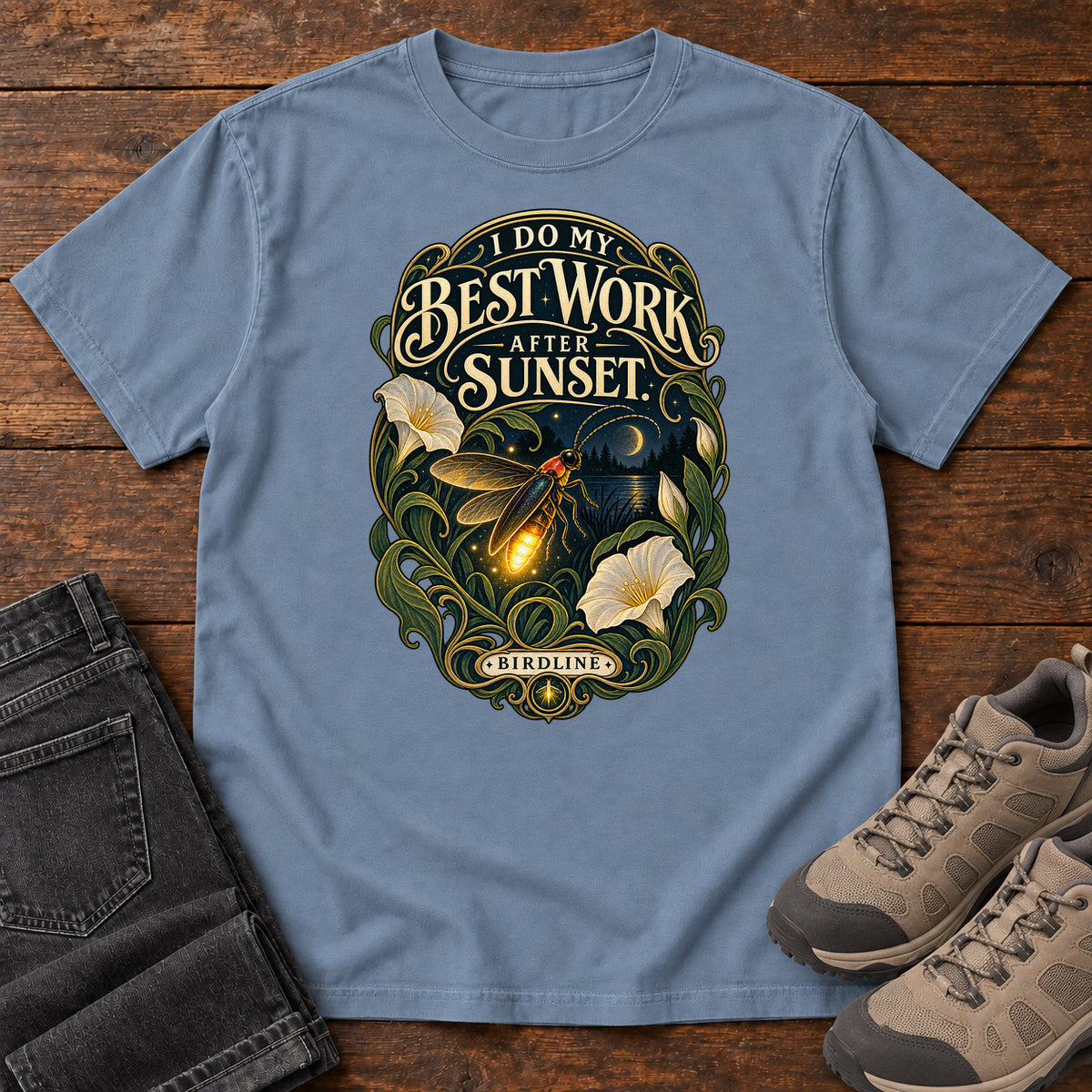I Do My Best Work After Sunset Firefly T-Shirt in Blue Jean