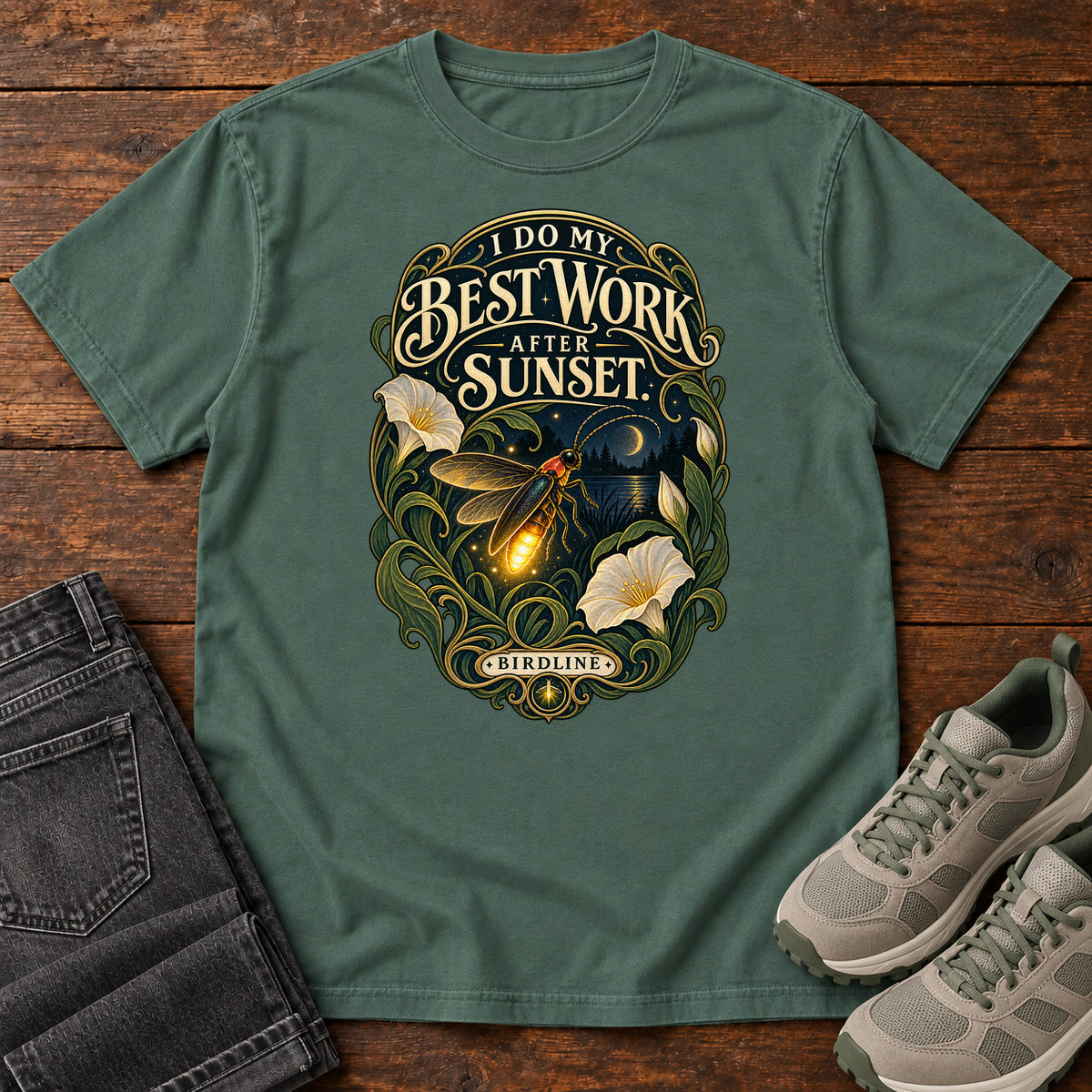 I Do My Best Work After Sunset Firefly T-Shirt in Blue Spruce