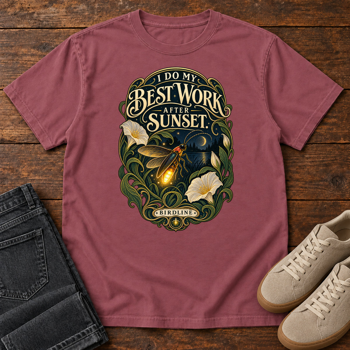 I Do My Best Work After Sunset Firefly T-Shirt in Brick