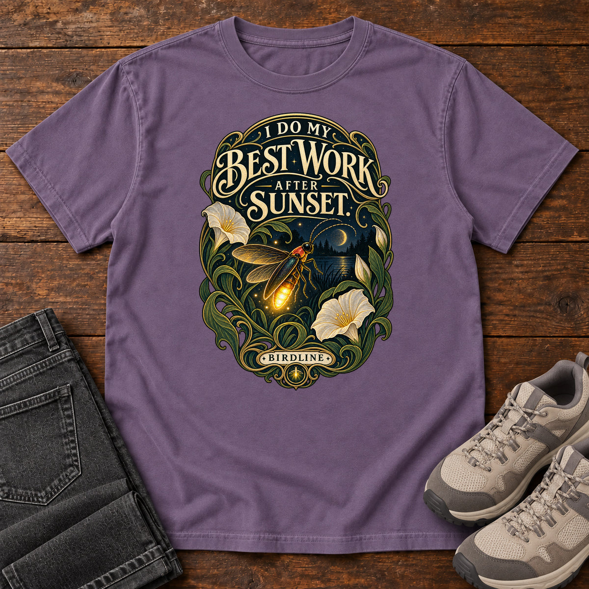 I Do My Best Work After Sunset Firefly T-Shirt in Grape