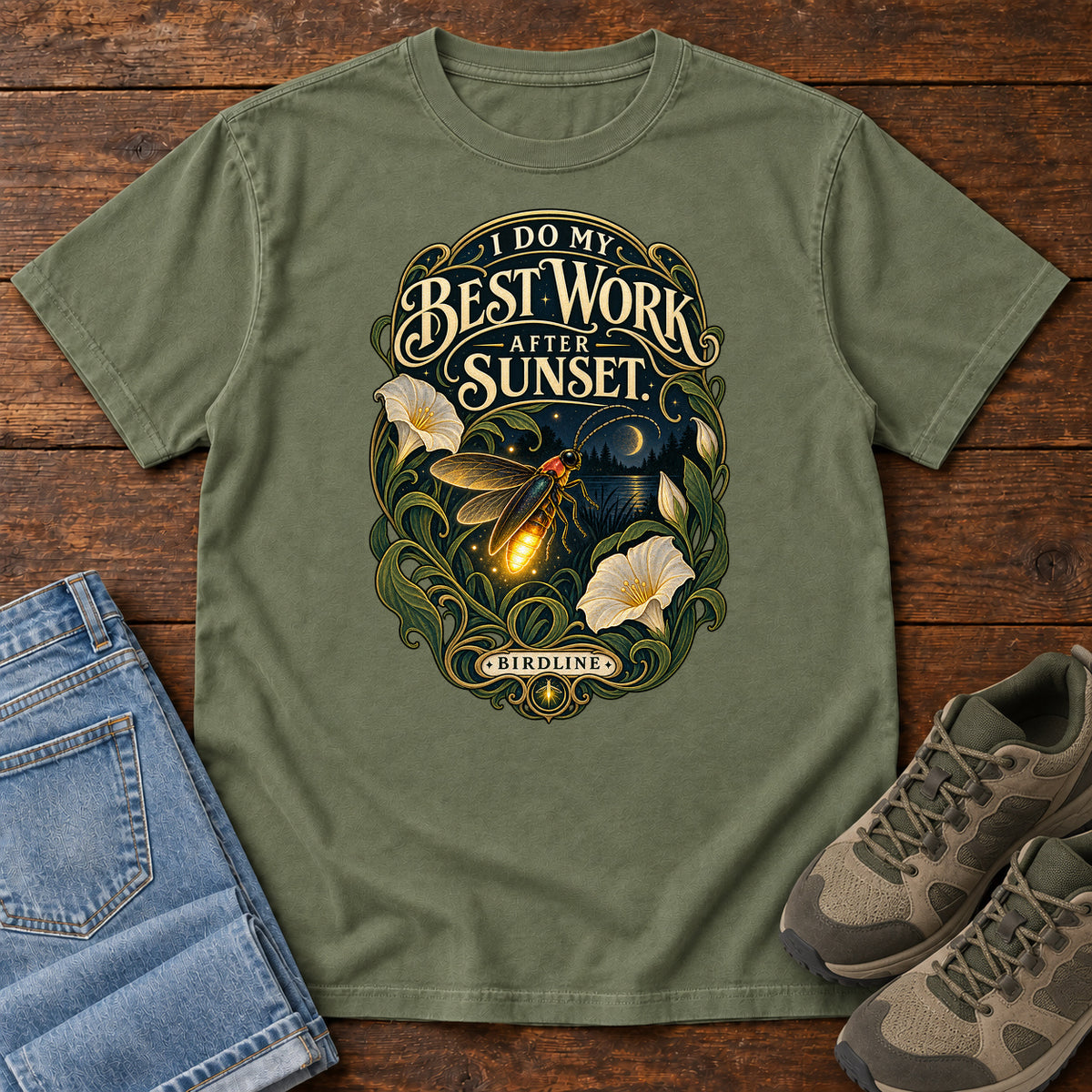 I Do My Best Work After Sunset Firefly T-Shirt in Moss