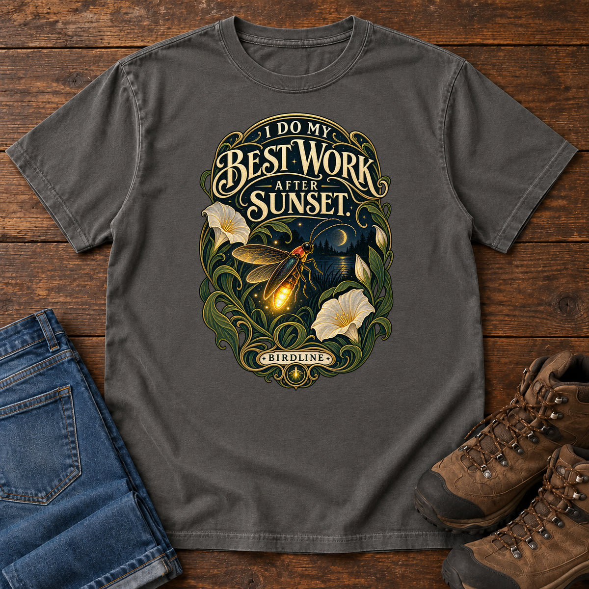 I Do My Best Work After Sunset Firefly T-Shirt in Pepper