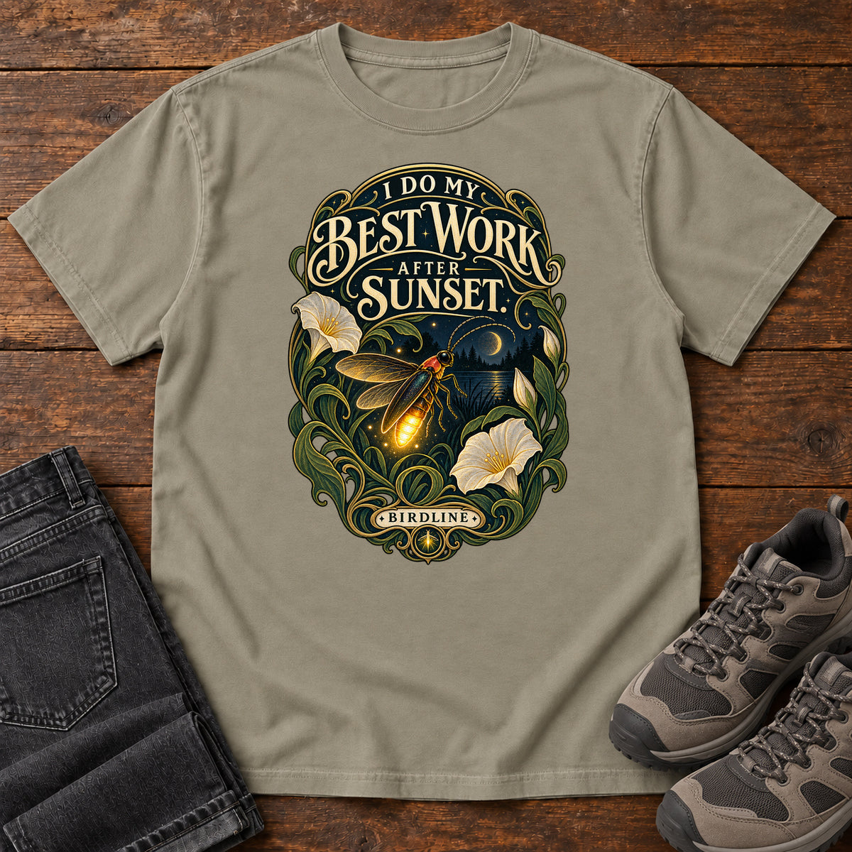 I Do My Best Work After Sunset Firefly T-Shirt in Sandstone