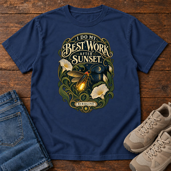 I Do My Best Work After Sunset Firefly T-Shirt in True Navy, front view