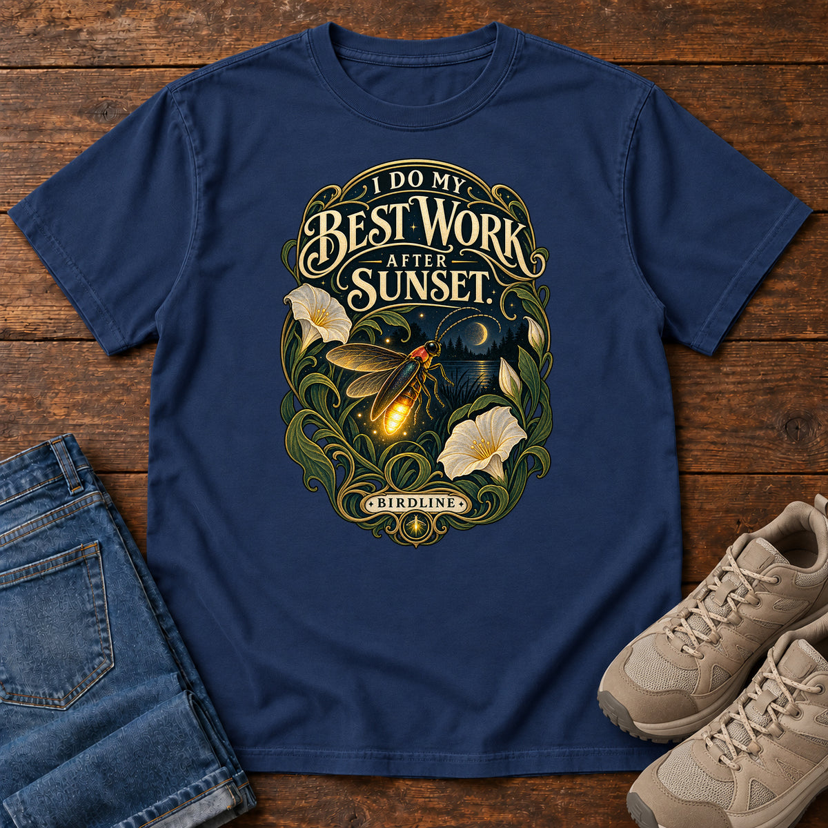 I Do My Best Work After Sunset Firefly T-Shirt in True Navy