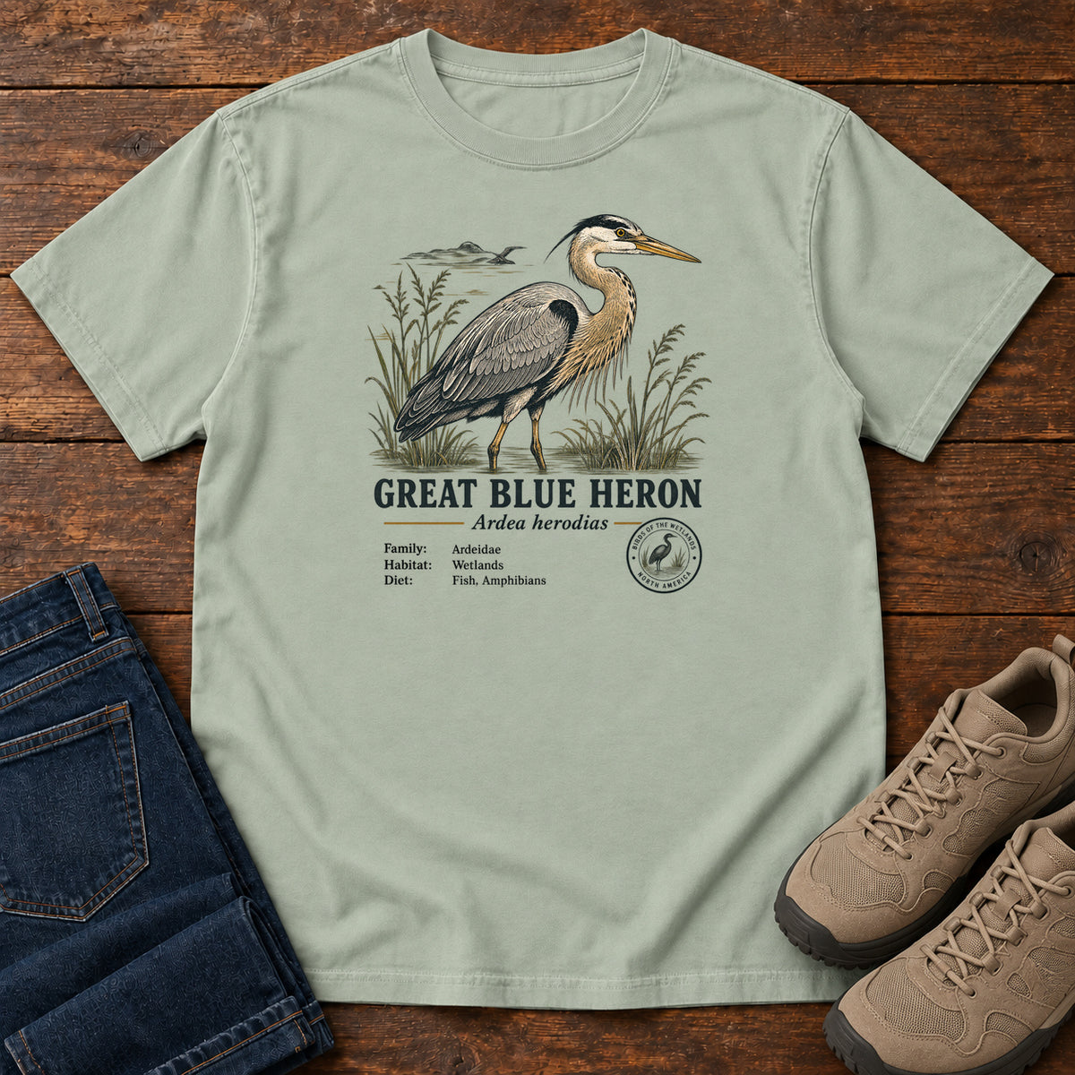 Great Blue Heron Field Guide T-Shirt in Bay