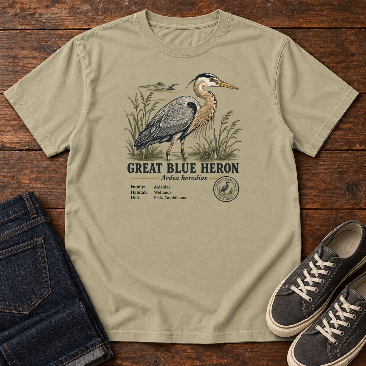 Great Blue Heron Field Guide T-Shirt in Khaki