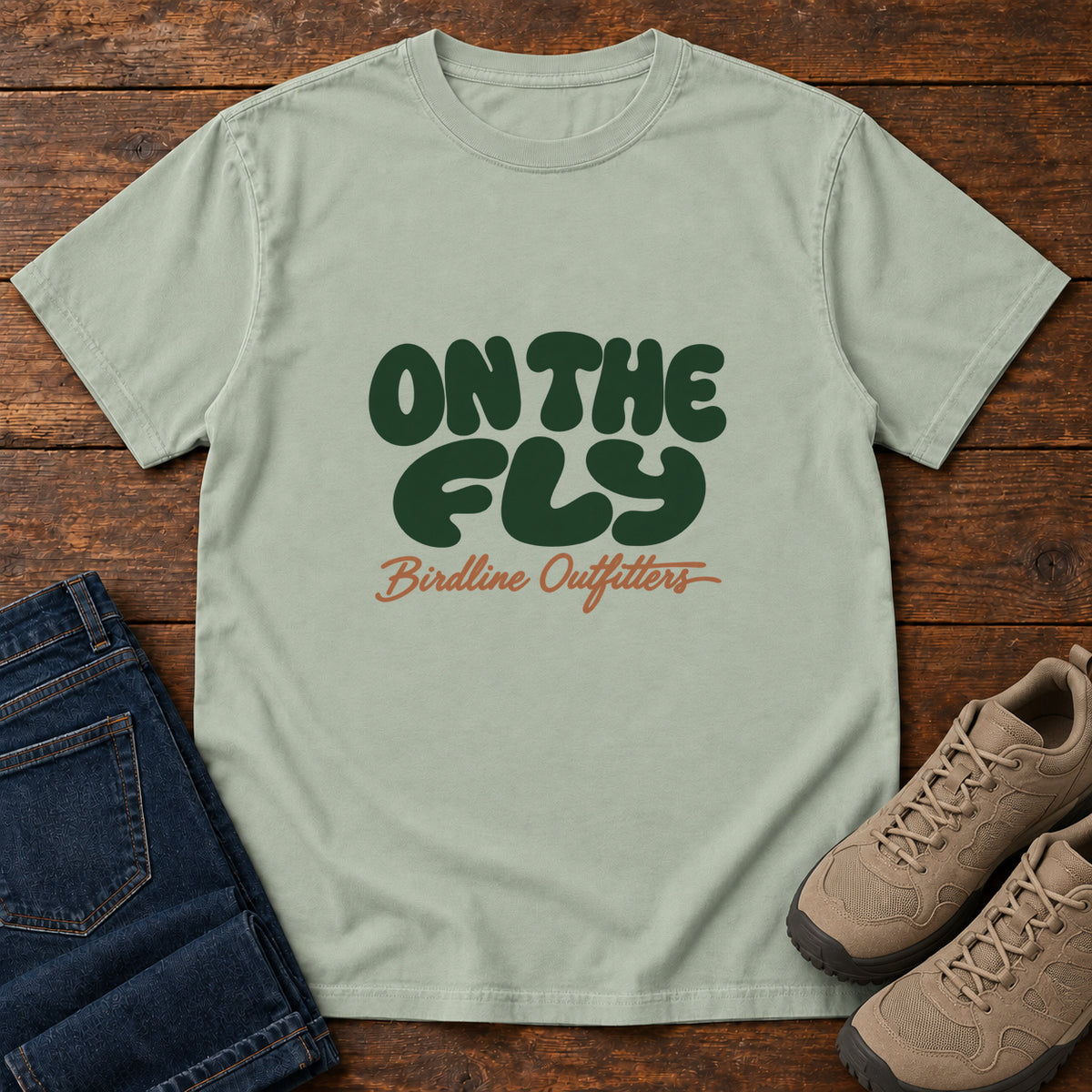 Bay On the Fly T-shirt with rounded dark green On the Fly lettering above rust-orange Birdline Outfitters script, front flat lay on wood.