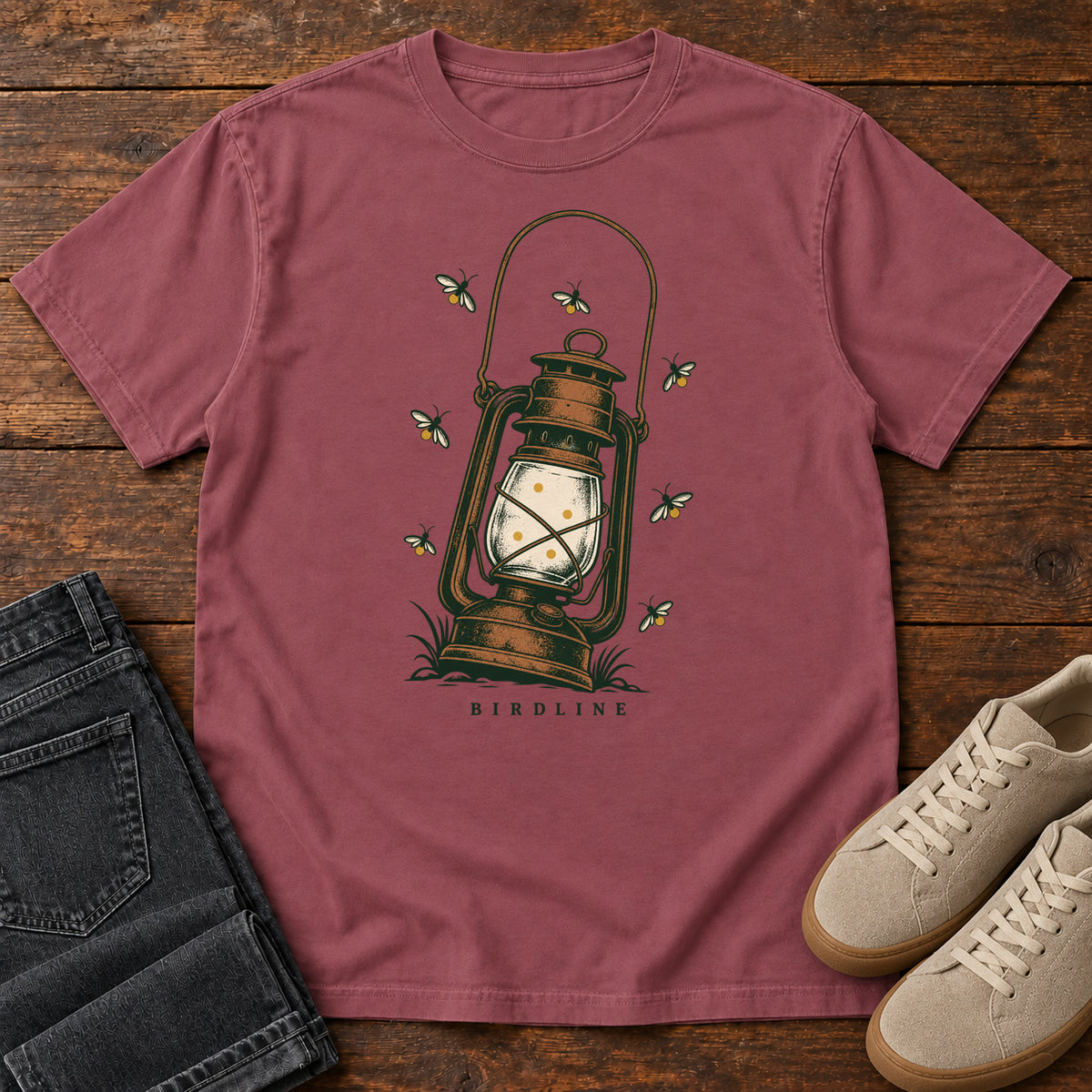 Lantern and Fireflies T-Shirt in Brick, front view
