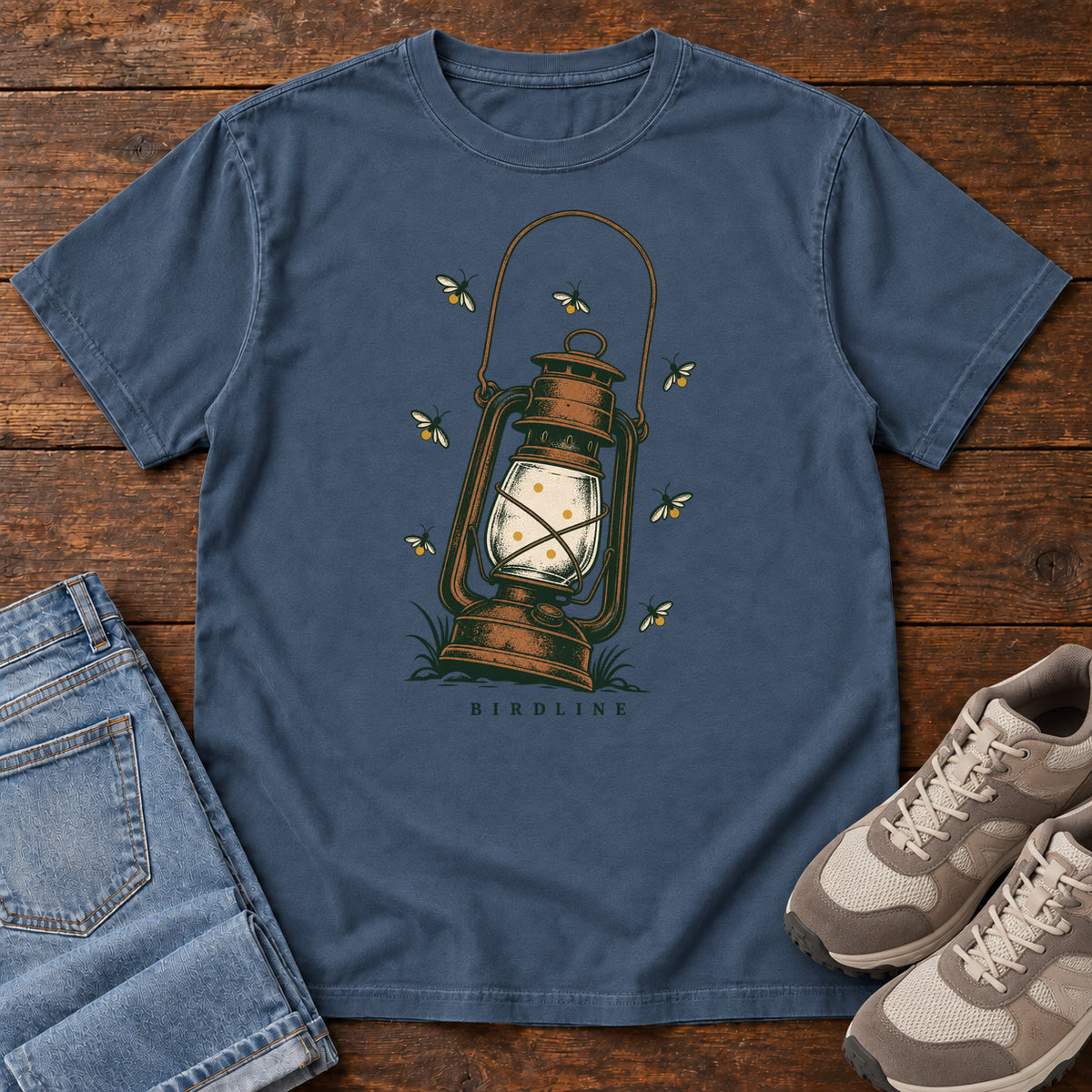 Lantern and Fireflies T-Shirt in Midnight, front view