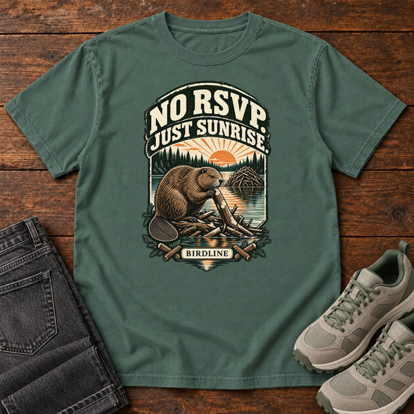 No RSVP Just Sunrise Beaver T-Shirt in Blue Spruce, front view