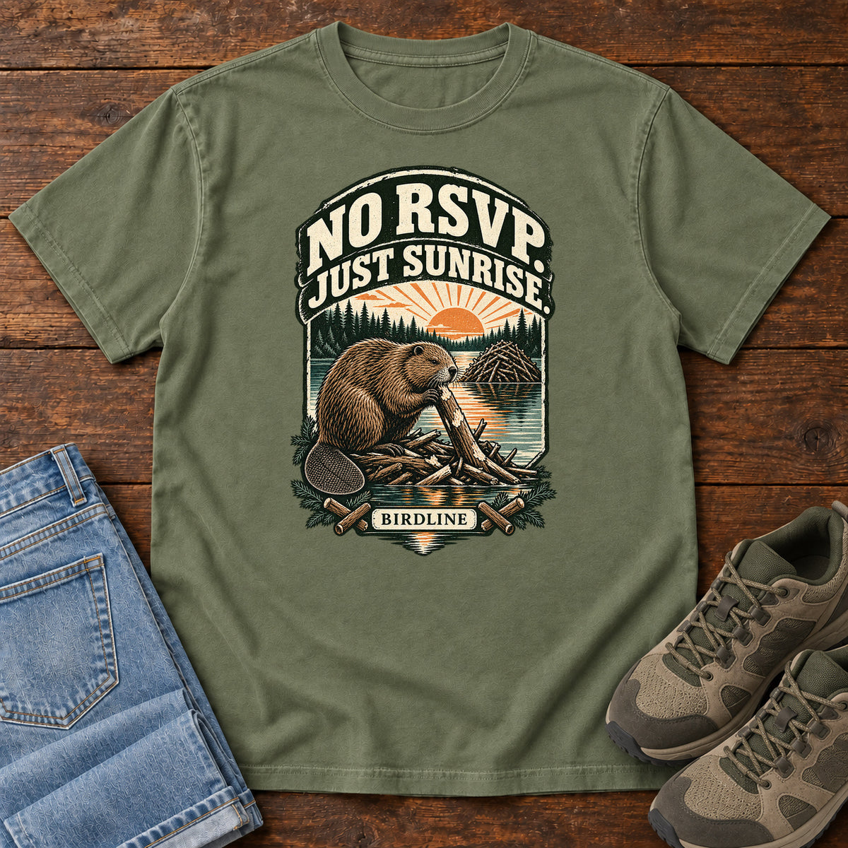 No RSVP Just Sunrise Beaver T-Shirt in Moss