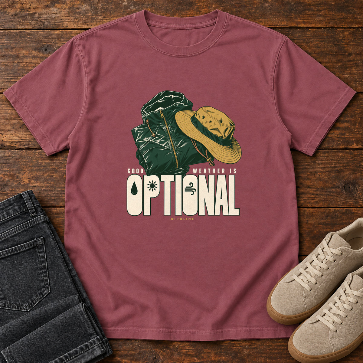 Good Weather Is Optional T-Shirt in Brick, front laid flat on wood, featuring a green hiking backpack and yellow brimmed hat above cream slogan lettering.