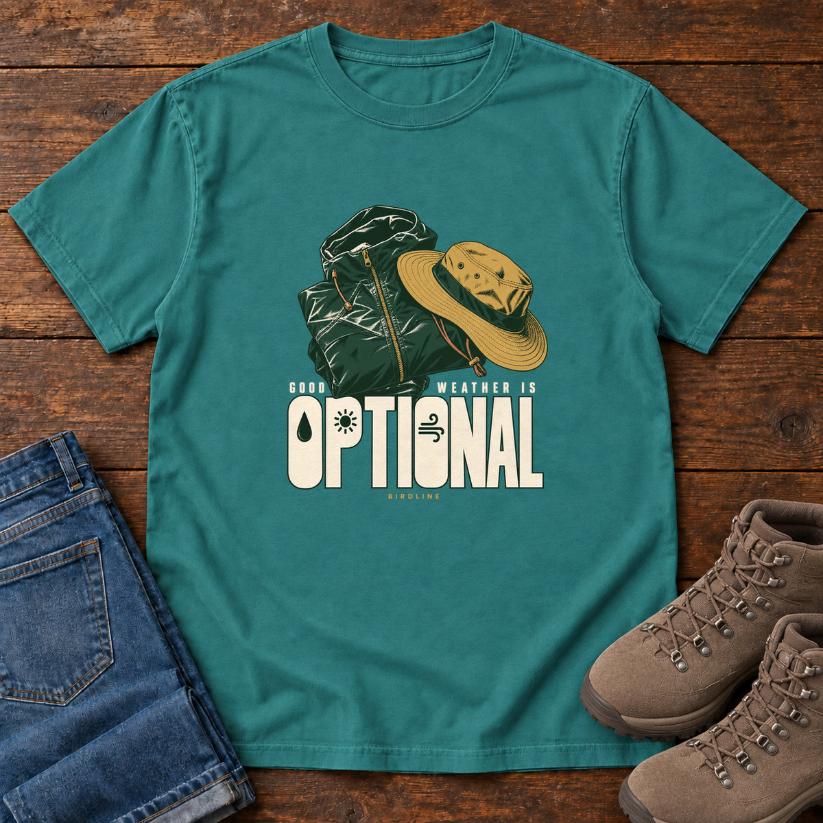 Good Weather Is Optional T-Shirt in Emerald, front laid flat on wood, featuring a green hiking backpack and yellow brimmed hat above cream slogan lettering.