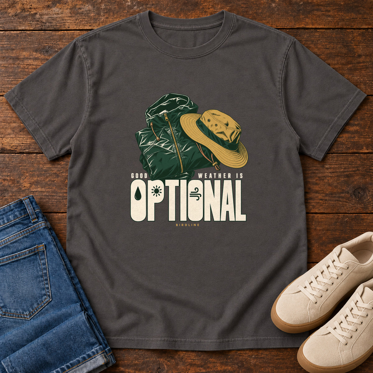 Good Weather Is Optional T-Shirt in Graphite, front laid flat on wood, featuring a green hiking backpack and yellow brimmed hat above cream slogan lettering.