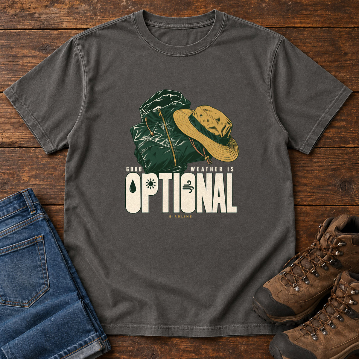 Good Weather Is Optional T-Shirt in Pepper, front laid flat on wood, featuring a green hiking backpack and yellow brimmed hat above cream slogan lettering.
