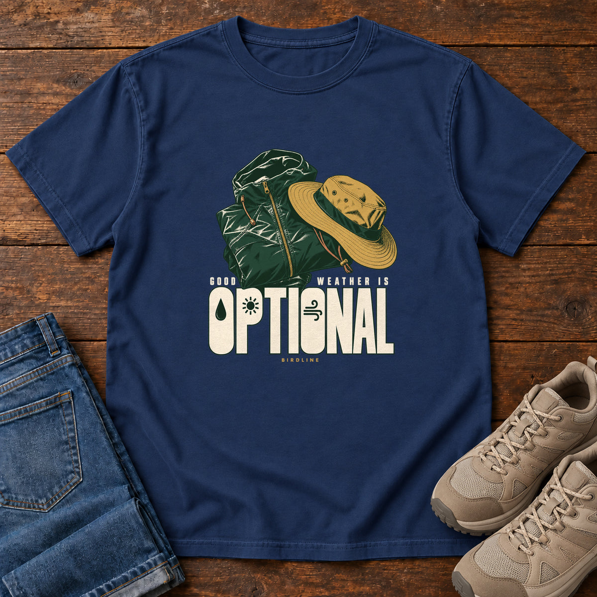 Good Weather Is Optional T-Shirt in True Navy, front laid flat on wood, featuring a green hiking backpack and yellow brimmed hat above cream slogan lettering.