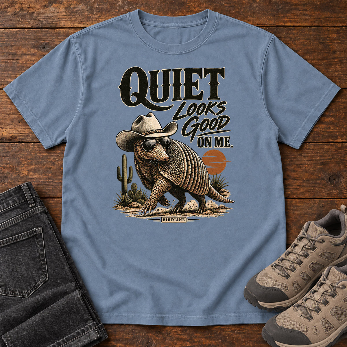 Quiet Looks Good on Me Armadillo T-Shirt in Blue Jean