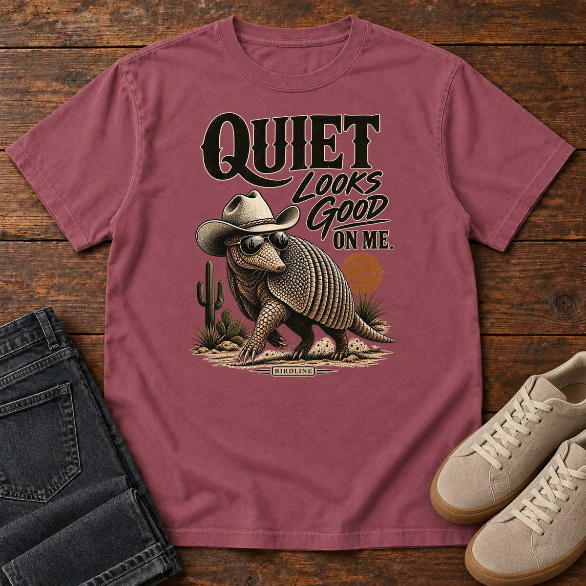 Quiet Looks Good on Me Armadillo T-Shirt in Brick