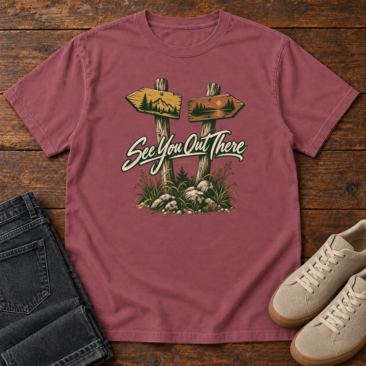 Brick See You Out There T-Shirt with two illustrated trail signposts, rocks, grass and cream script, front flat lay on wood.