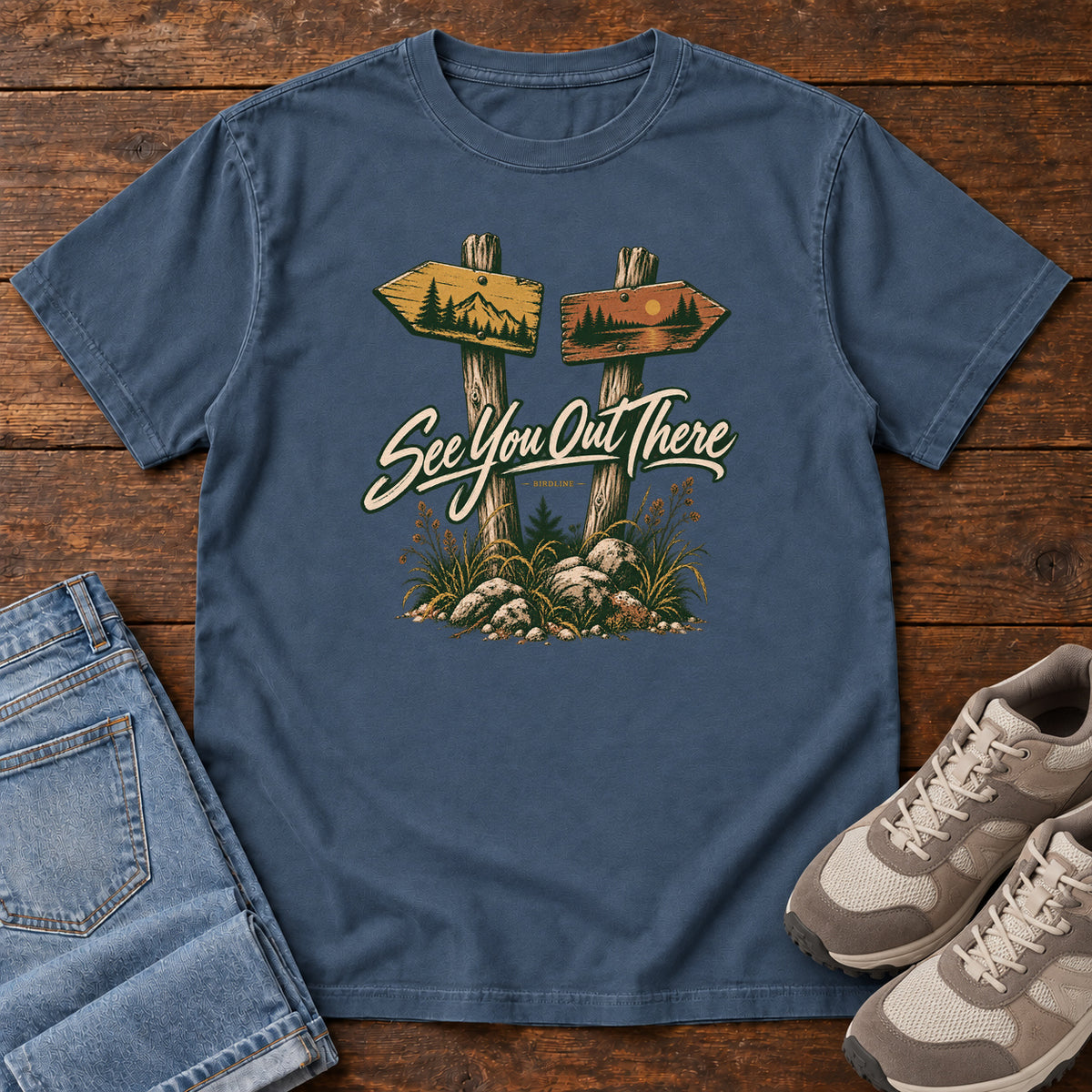 Midnight See You Out There T-Shirt with two illustrated trail signposts, rocks, grass and cream script, front flat lay on wood.