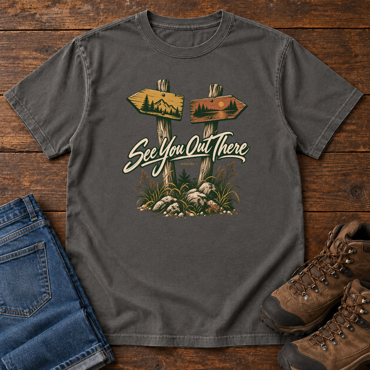 Pepper See You Out There T-Shirt with two illustrated trail signposts, rocks, grass and cream script, front flat lay on wood.