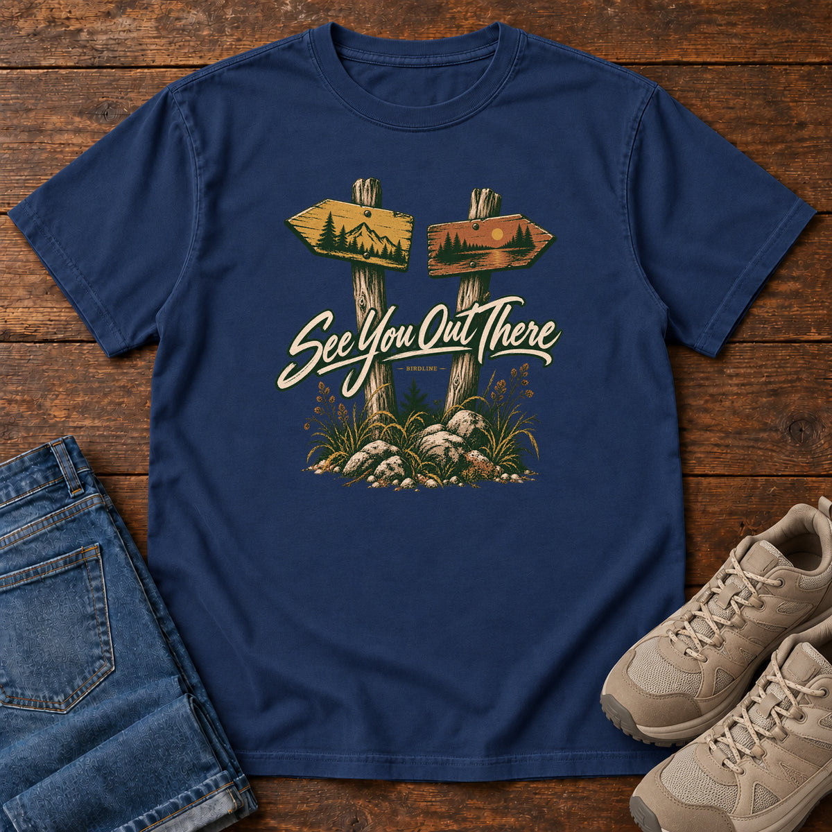 True Navy See You Out There T-Shirt with two illustrated trail signposts, rocks, grass and cream script, front flat lay on wood.