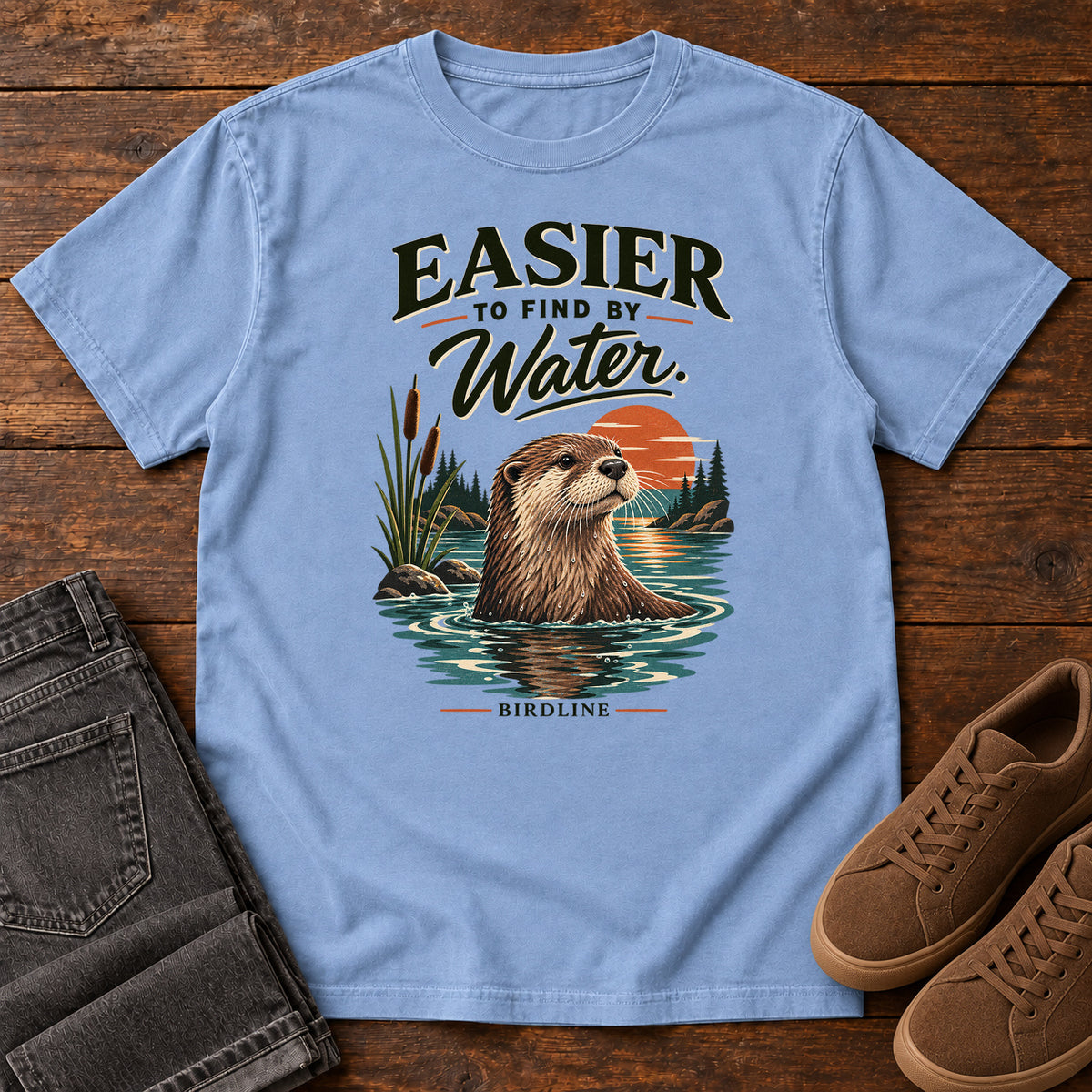 Easier to Find by Water Otter T-Shirt in Washed Denim