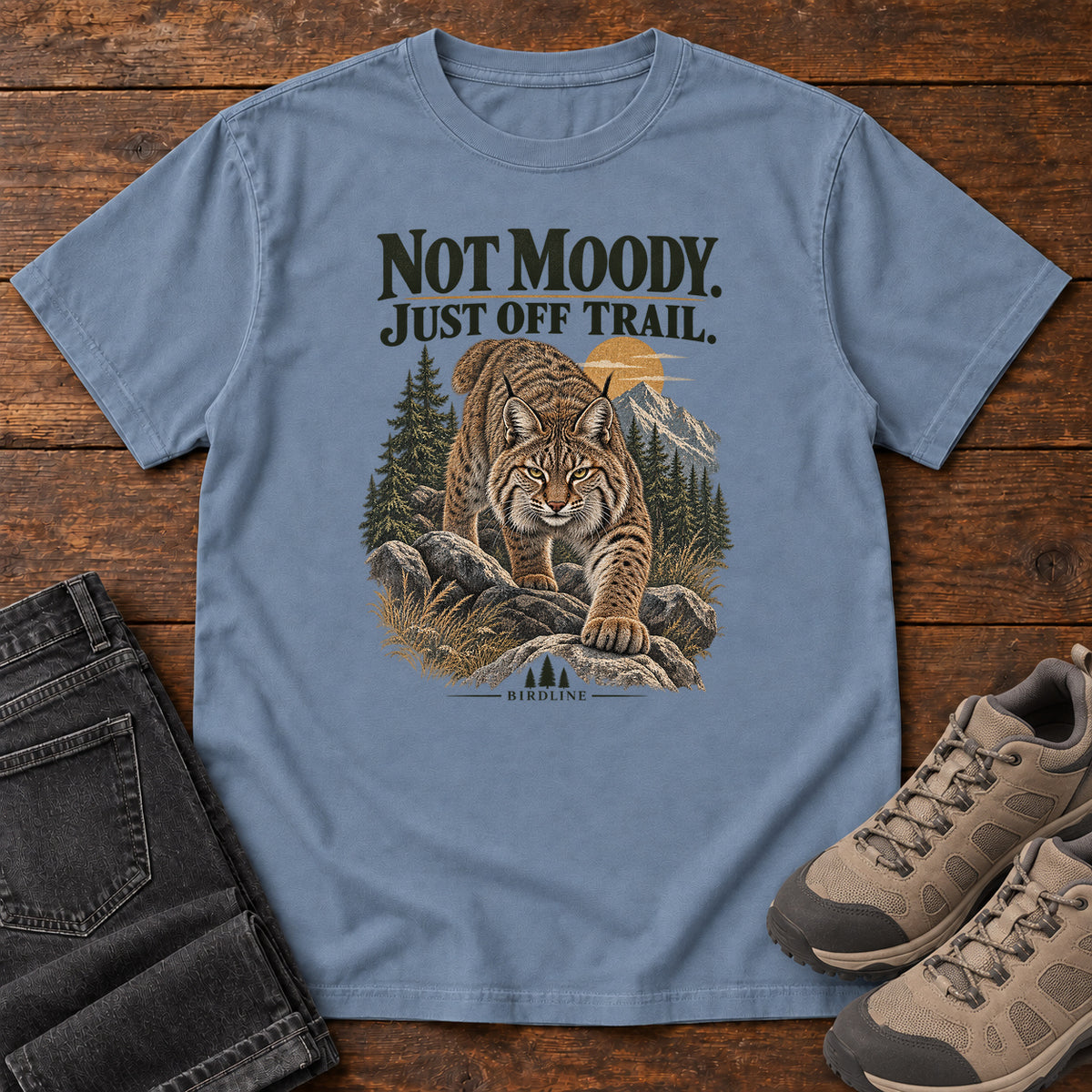 Not Moody Just Off Trail Lynx T-Shirt in Blue Jean