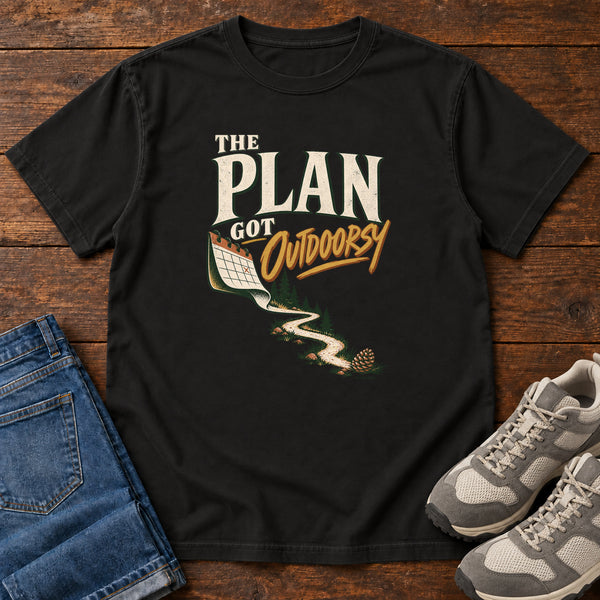 The Plan Got Outdoorsy T-Shirt in Black, front view