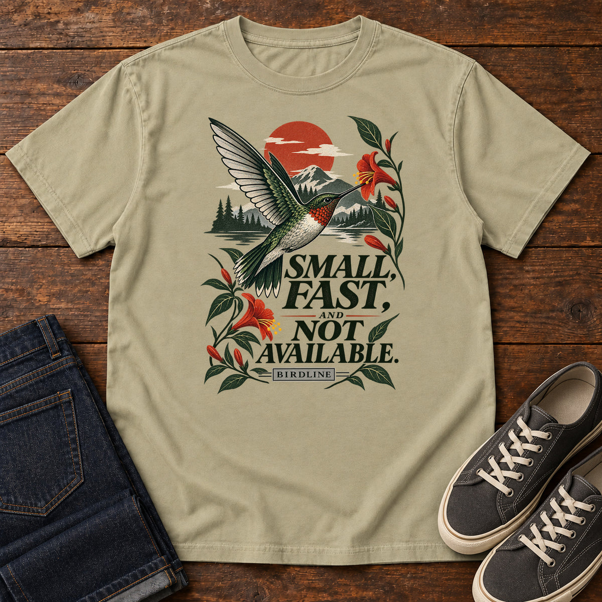 Small Fast and Not Available Hummingbird T-Shirt in Khaki