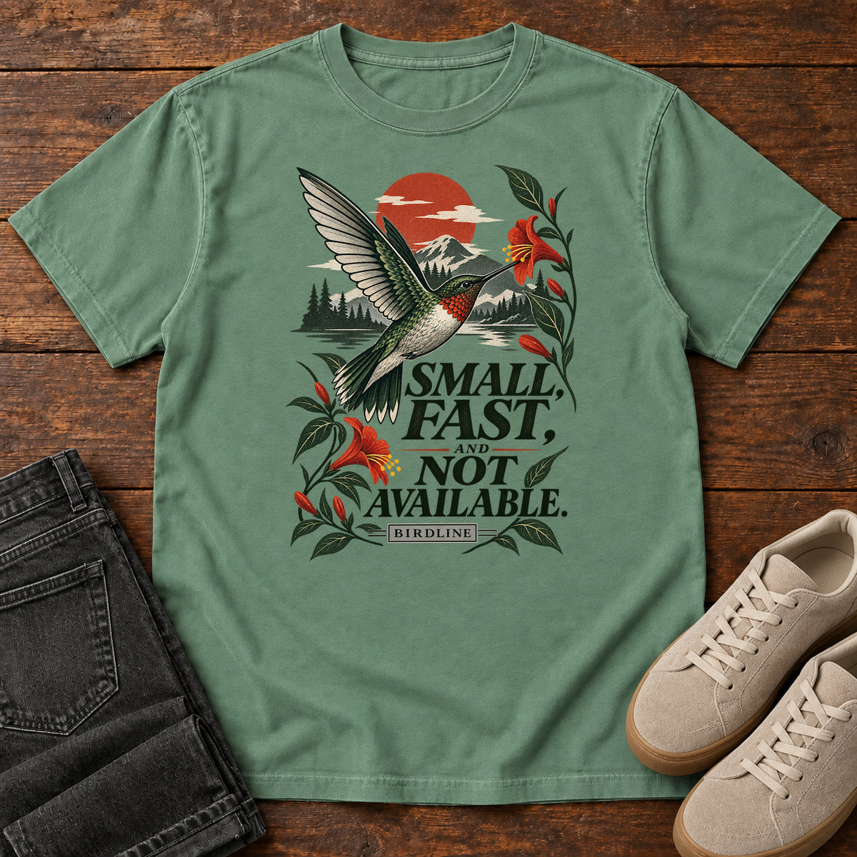 Small Fast and Not Available Hummingbird T-Shirt in Light Green