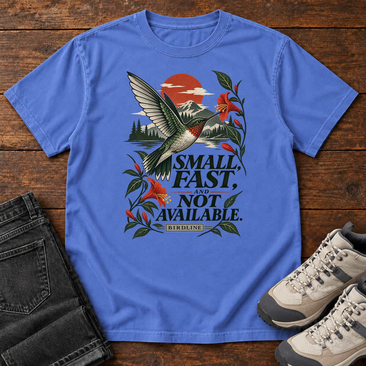 Small Fast and Not Available Hummingbird T-Shirt in Mystic Blue