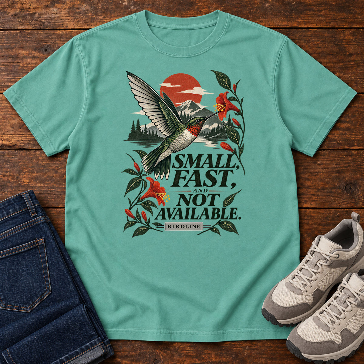 Small Fast and Not Available Hummingbird T-Shirt in Seafoam