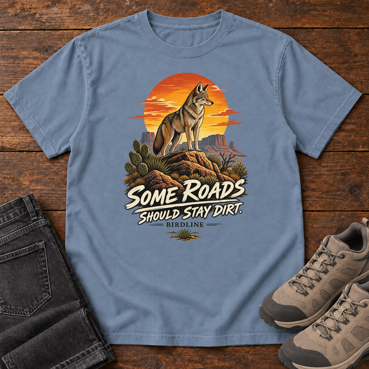 Some Roads Should Stay Dirt Coyote T-Shirt in Blue Jean