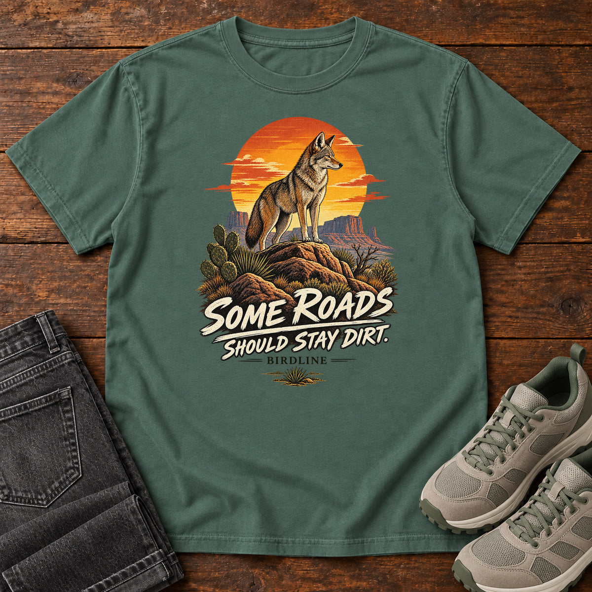 Some Roads Should Stay Dirt Coyote T-Shirt in Blue Spruce