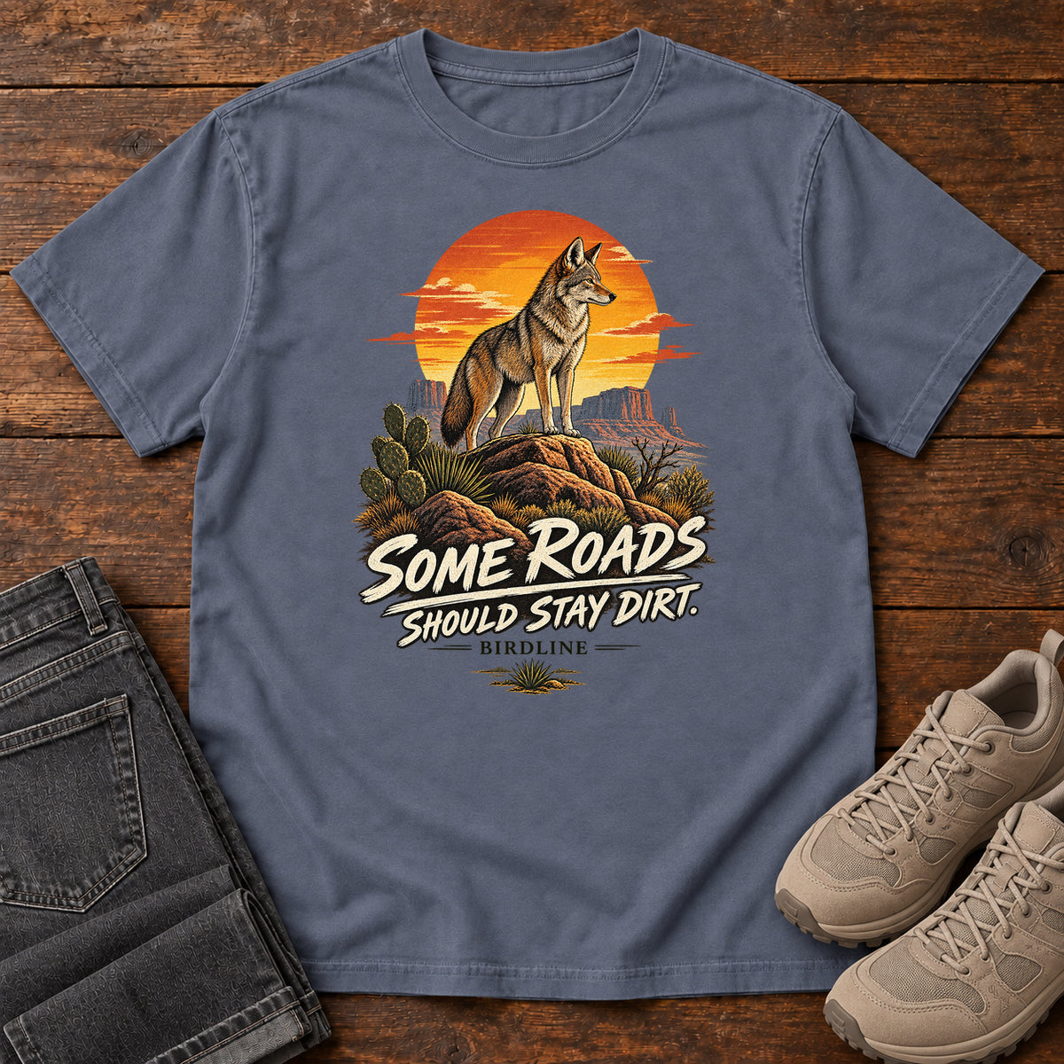 Some Roads Should Stay Dirt Coyote T-Shirt in Denim