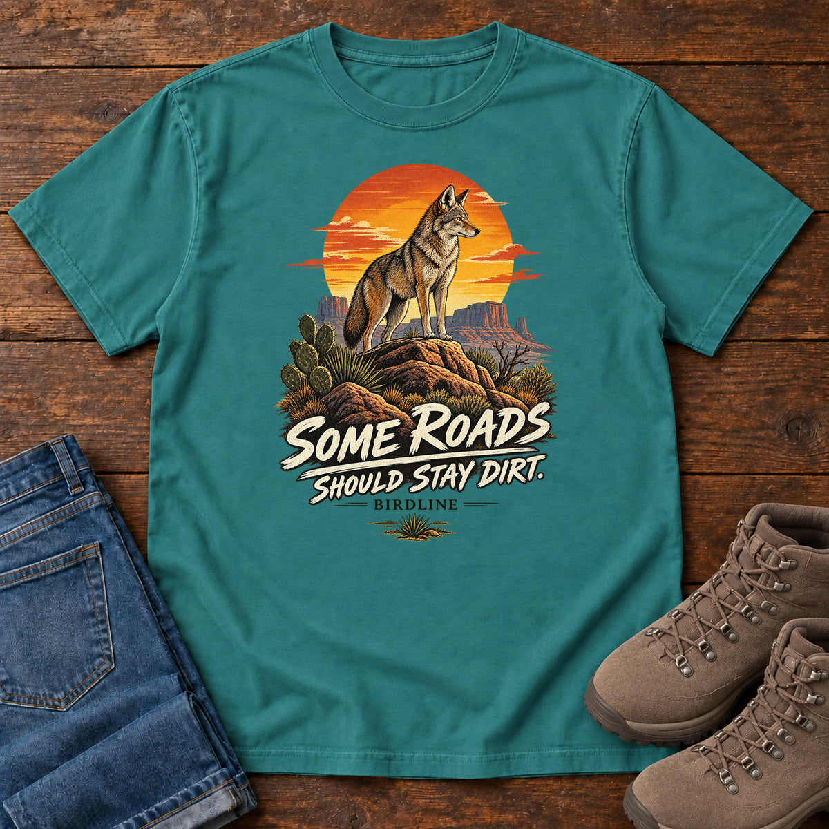 Some Roads Should Stay Dirt Coyote T-Shirt in Emerald